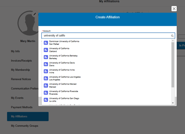 Image of Create Affiliation from the AOM member profile